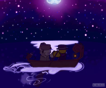 me and another friend as a gift drawing; sitting on a boat, staring at the moon in the sky.